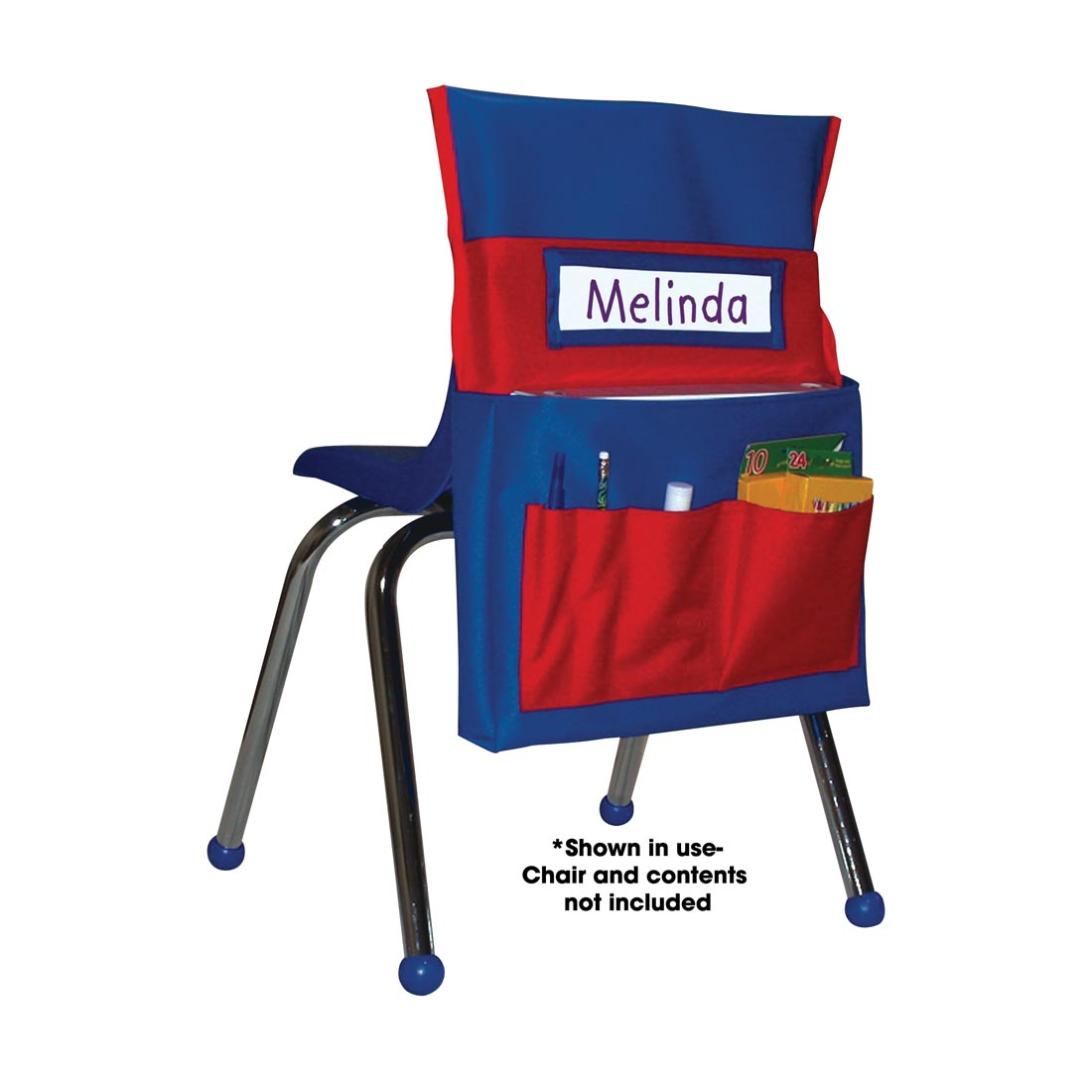 Blue and Red Chairback Buddy shown on an elementary chair