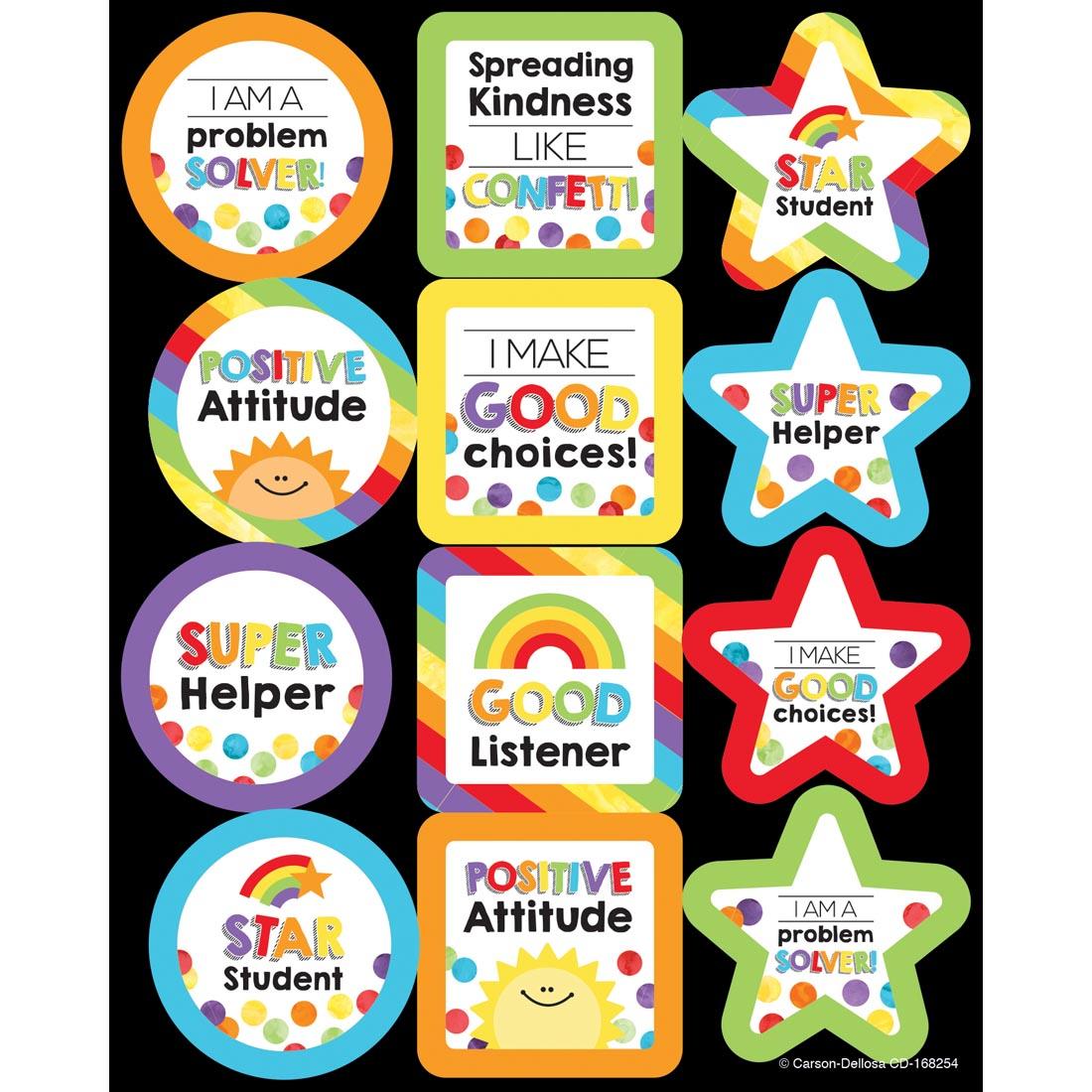 Motivational Stickers from the Celebrate Learning collection say things like I Am a Problem Solver, Spreading Kindness Like Confetti and I Make Good Choices