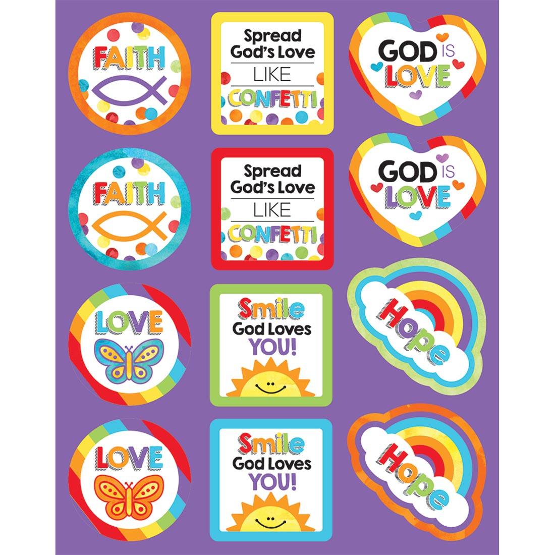 Shape Stickers say things like Faith, God is Love and Spread God's Love Like Confetti