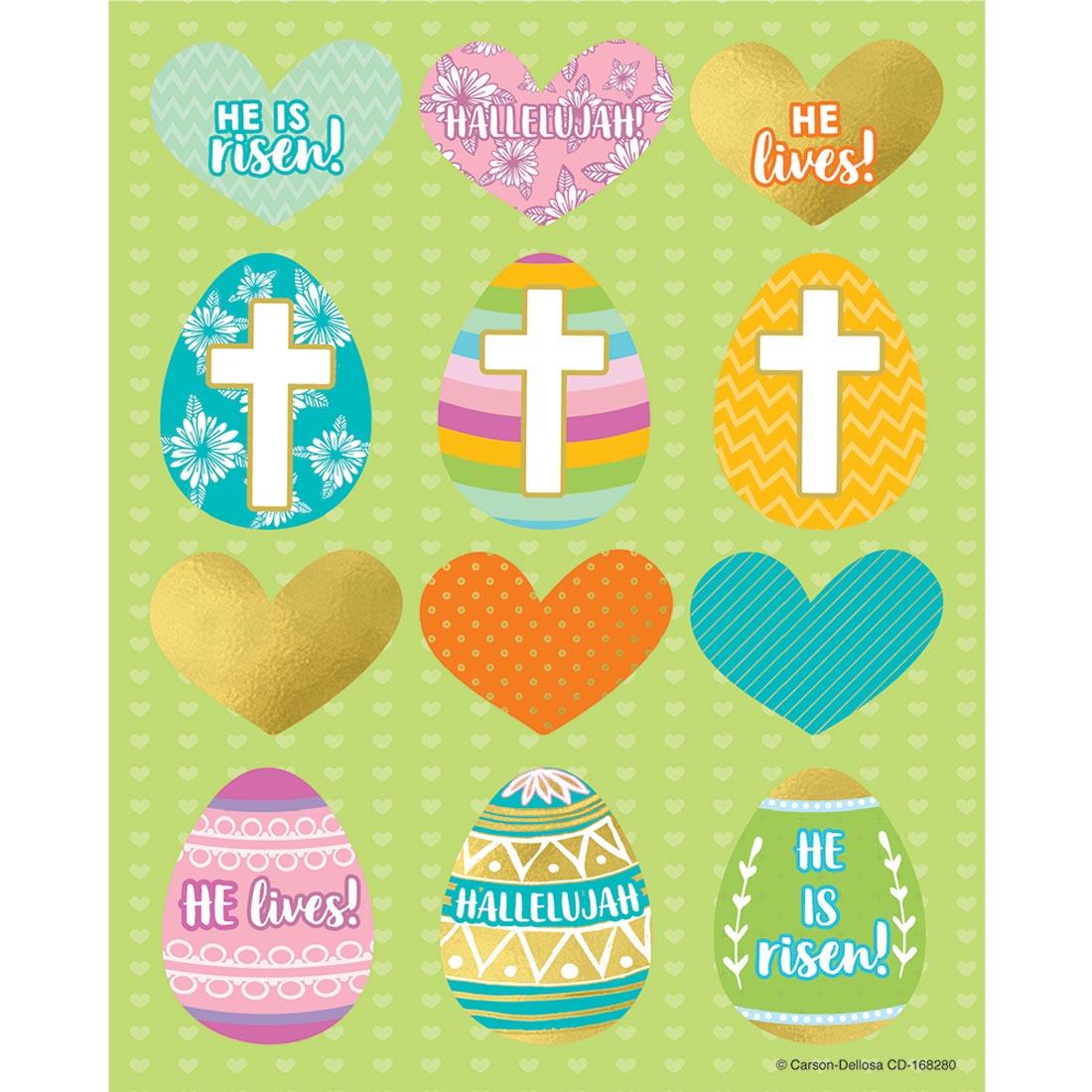 Easter Egg and Heart Shaped Stickers with sayings like He Is Risen and He Lives