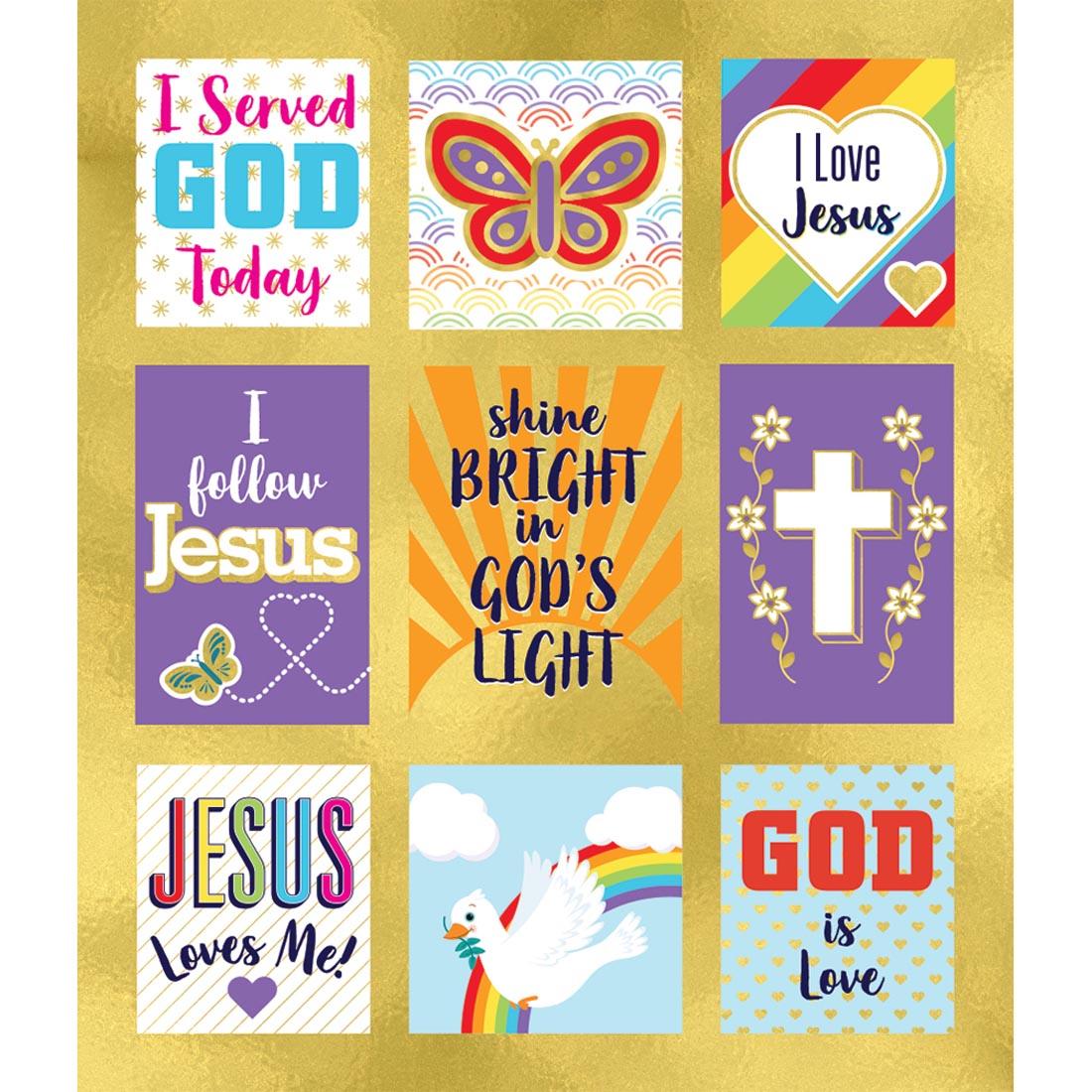 Stickers with sayings like I Served God Today and I Follow Jesus