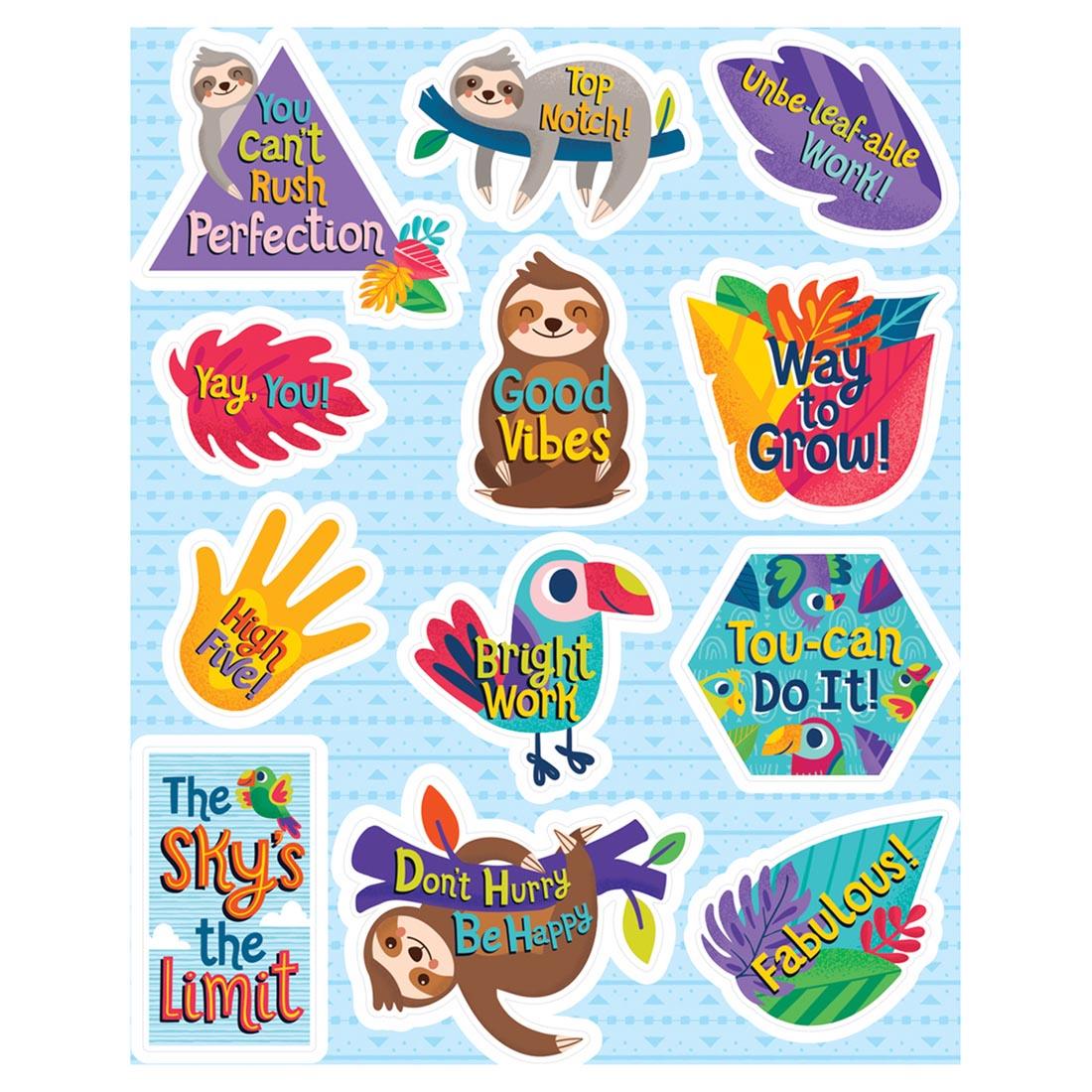 Motivational Shape Stickers from the One World Collection saying You Can't Rush Perfection, Top Notch and Way to Grow