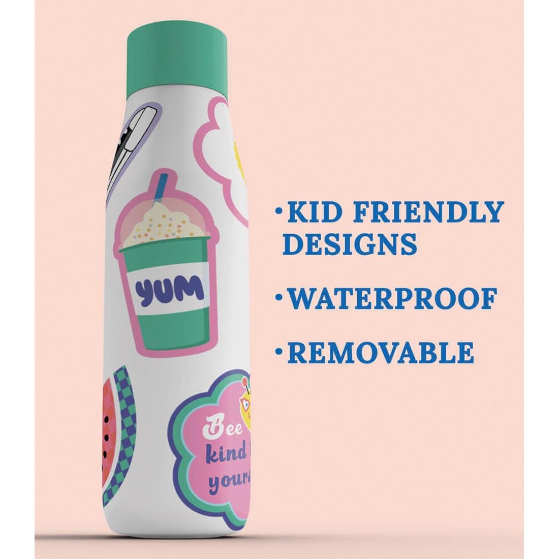 water bottle with Vinyl Stickers from the We Stick Together collection by Carson Dellosa with text Kid friendly designs; waterproof; removeable