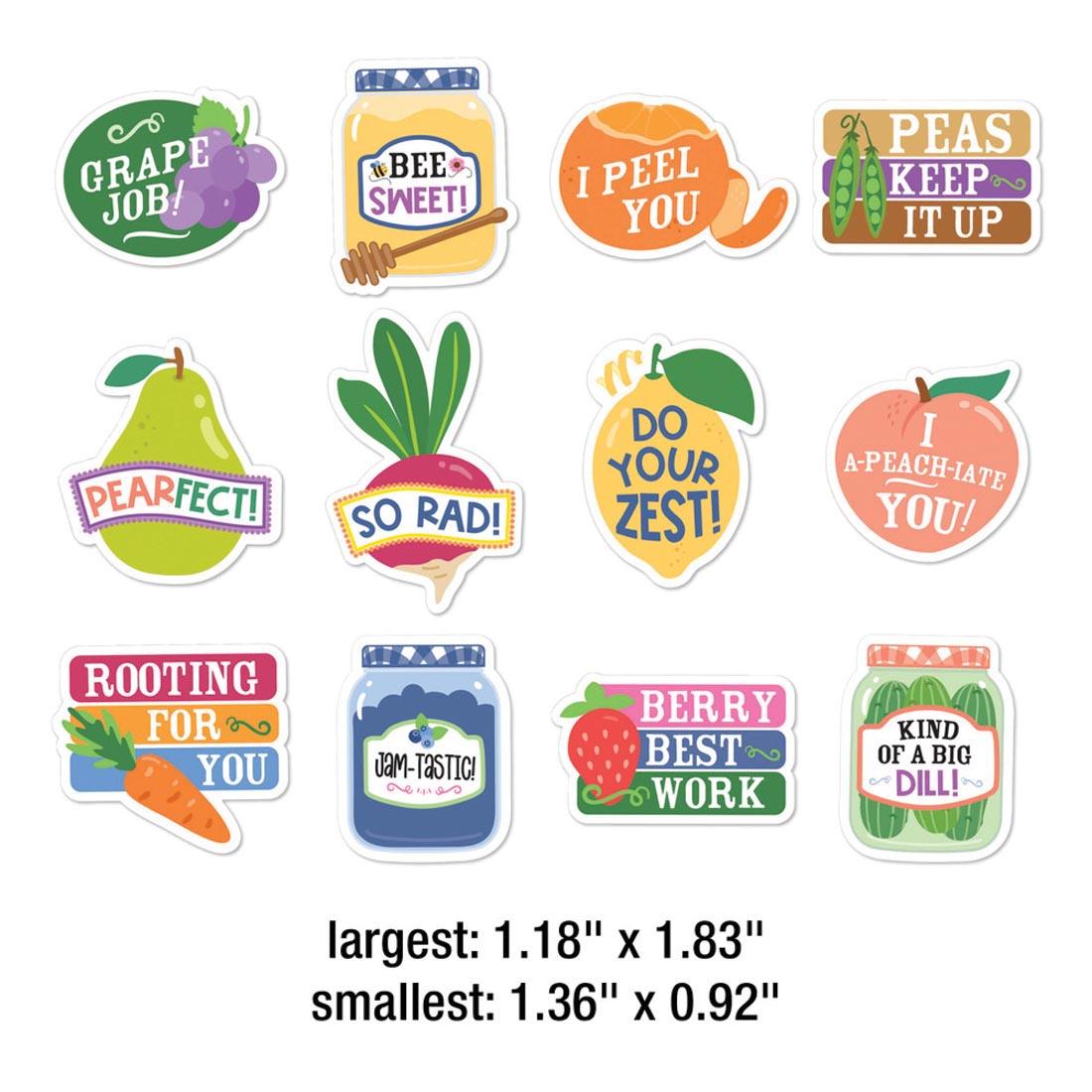 12 Motivational Stickers from the Farmers Market collection By Carson Dellosa plus text largest: 1.18 x 1.83"; smallest: 1.36 x 0.92"
