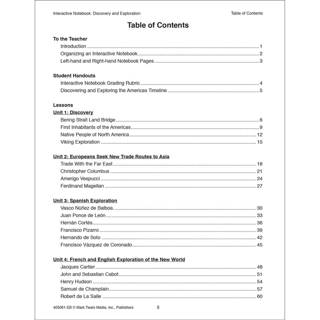 Table of Contents from Discovery and Exploration Interactive Notebook