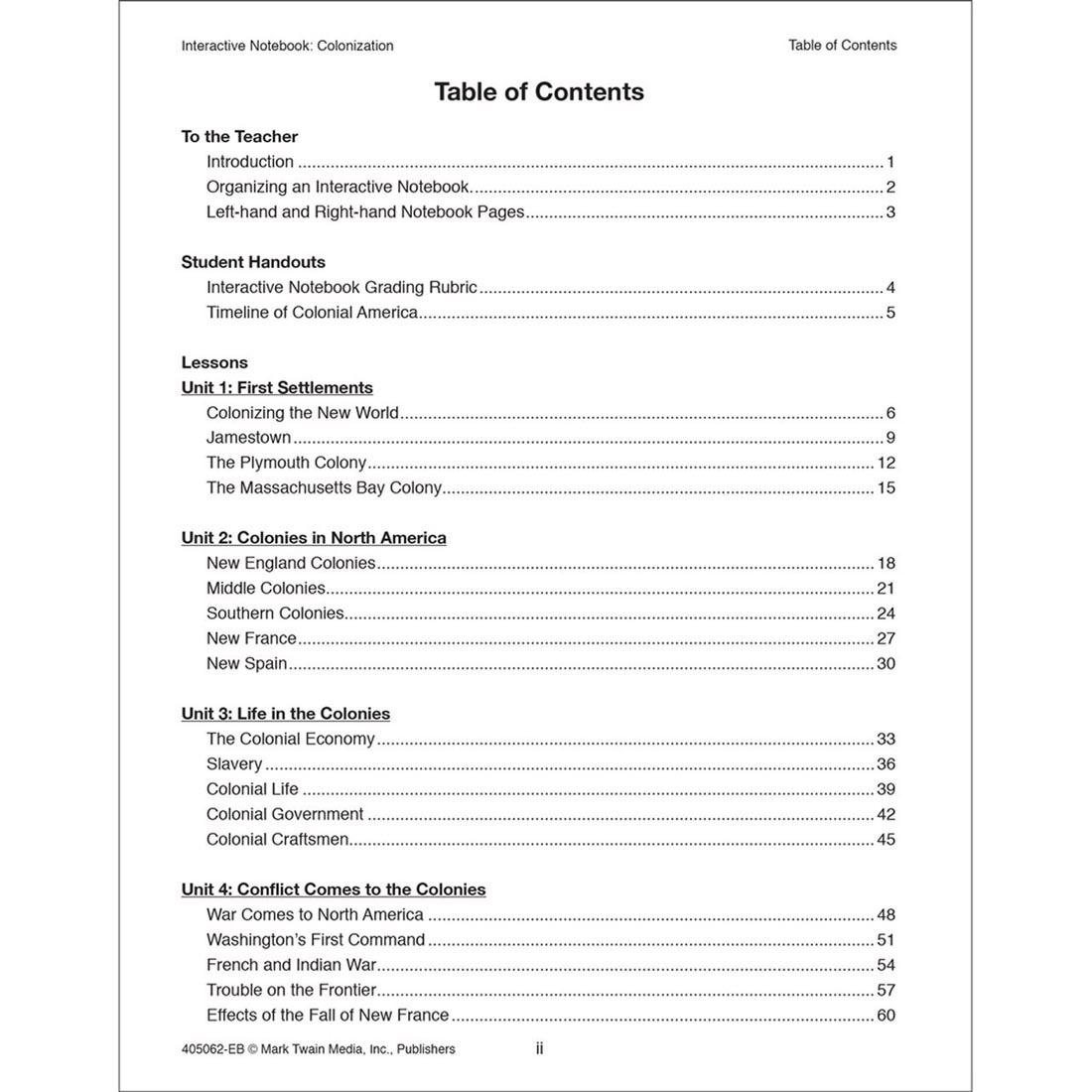 Table of Contents from Colonization Interactive Notebook