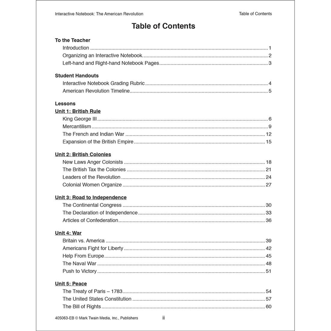 Table of Contents from The American Revolution Interactive Notebook