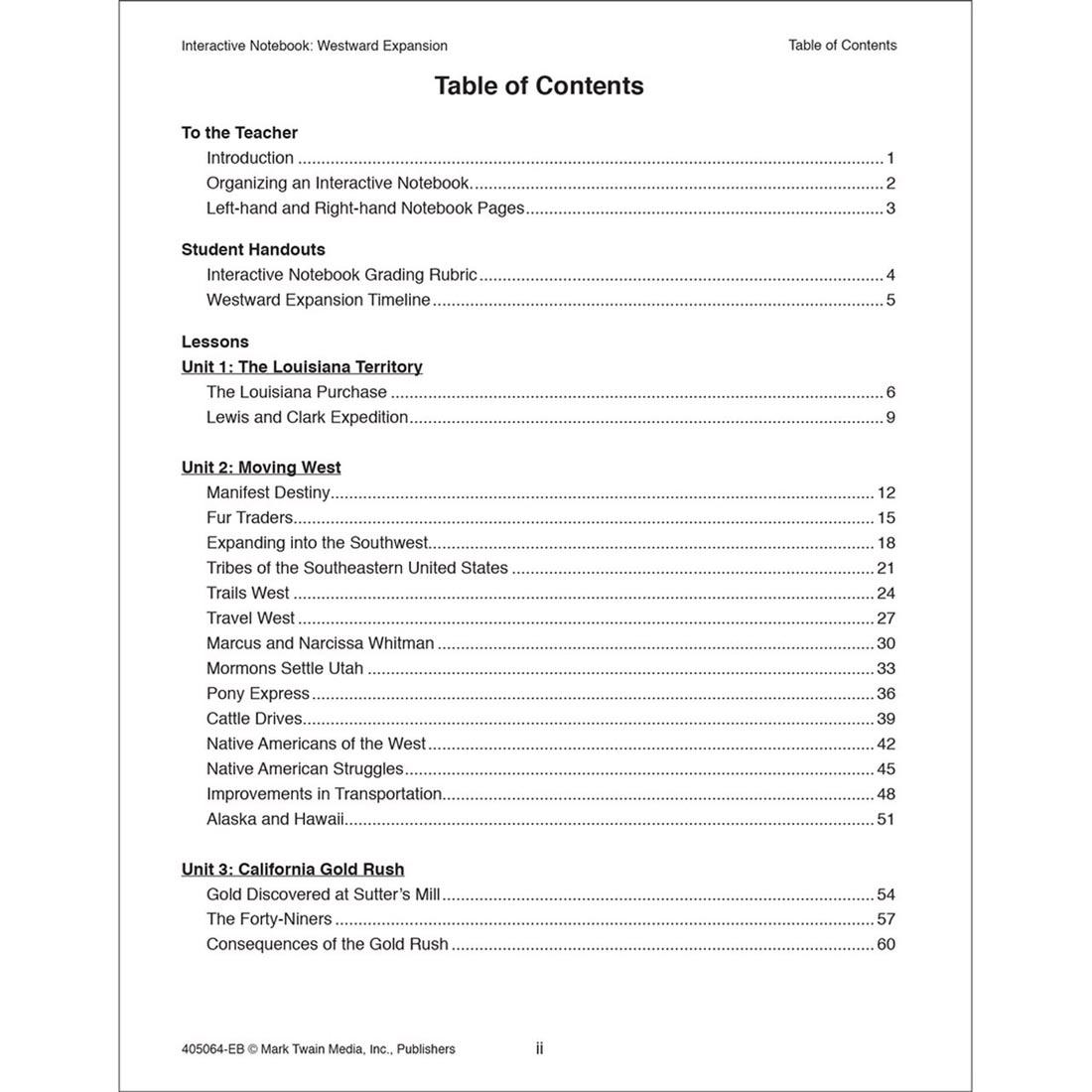 Table of Contents from Westward Expansion Interactive Notebook