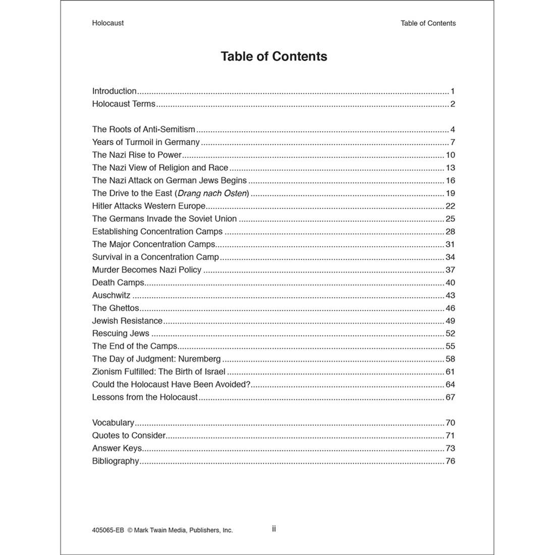 Table of Contents from Holocaust Workbook