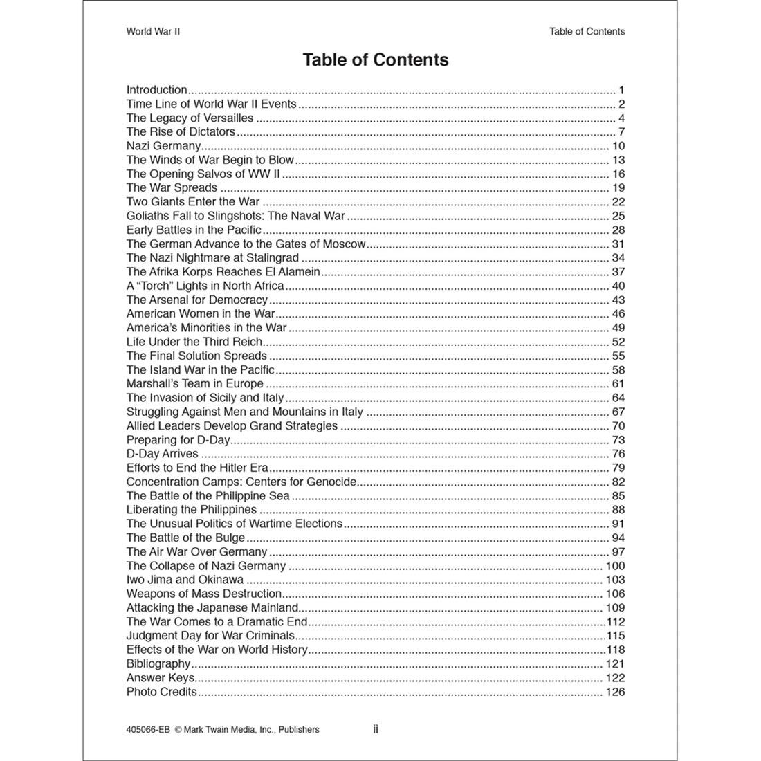 Table of Contents from World War II Workbook