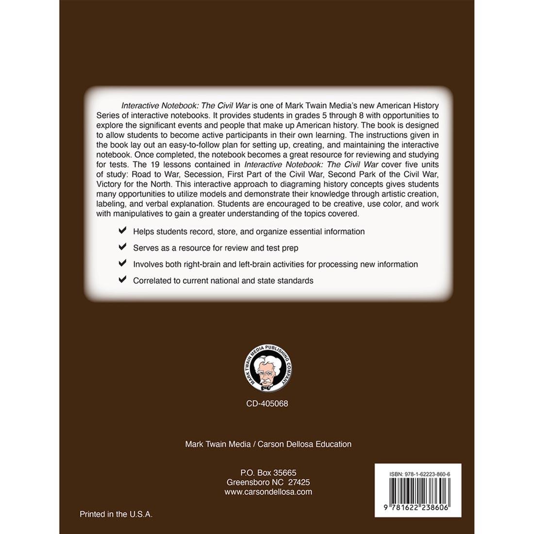 Back cover of Interactive Notebook: The Civil War Grades 5-8 By Mark Twain Media