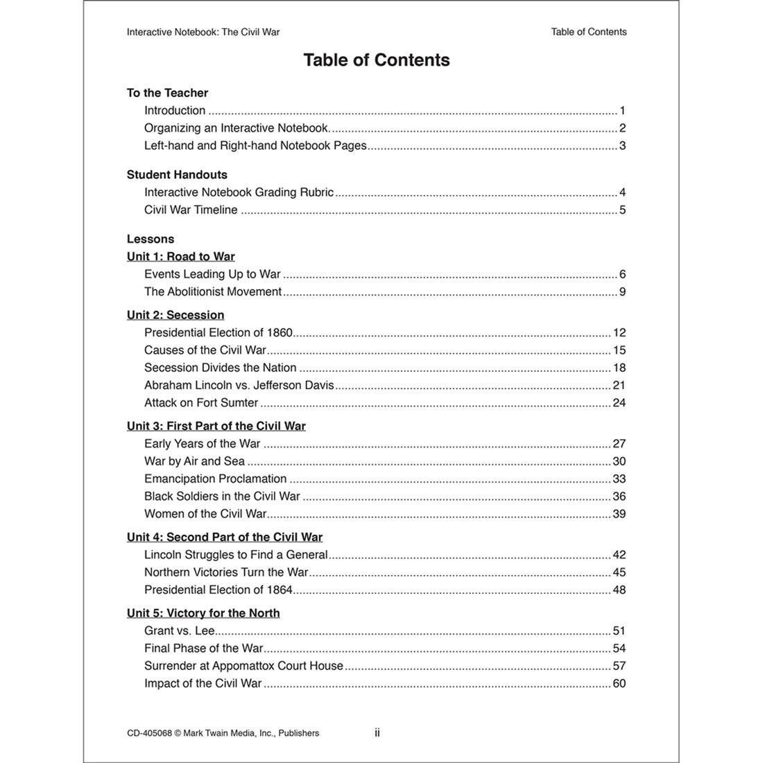 Table of contents from Interactive Notebook: The Civil War Grades 5-8 By Mark Twain Media