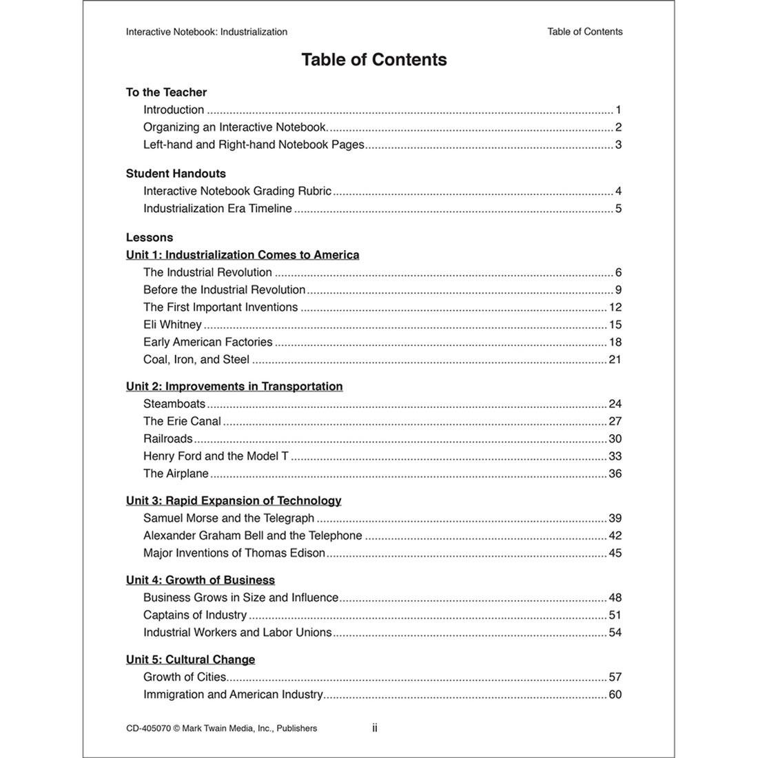 Table of contents from Interactive Notebook: Industrialization