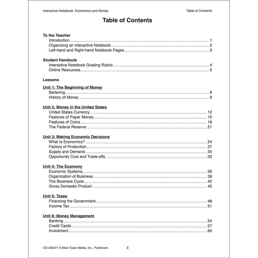 Table of contents from Interactive Notebook: Economics and Money