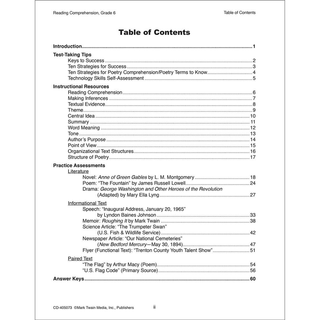 Table of contents from Reading Comprehension Grade 6