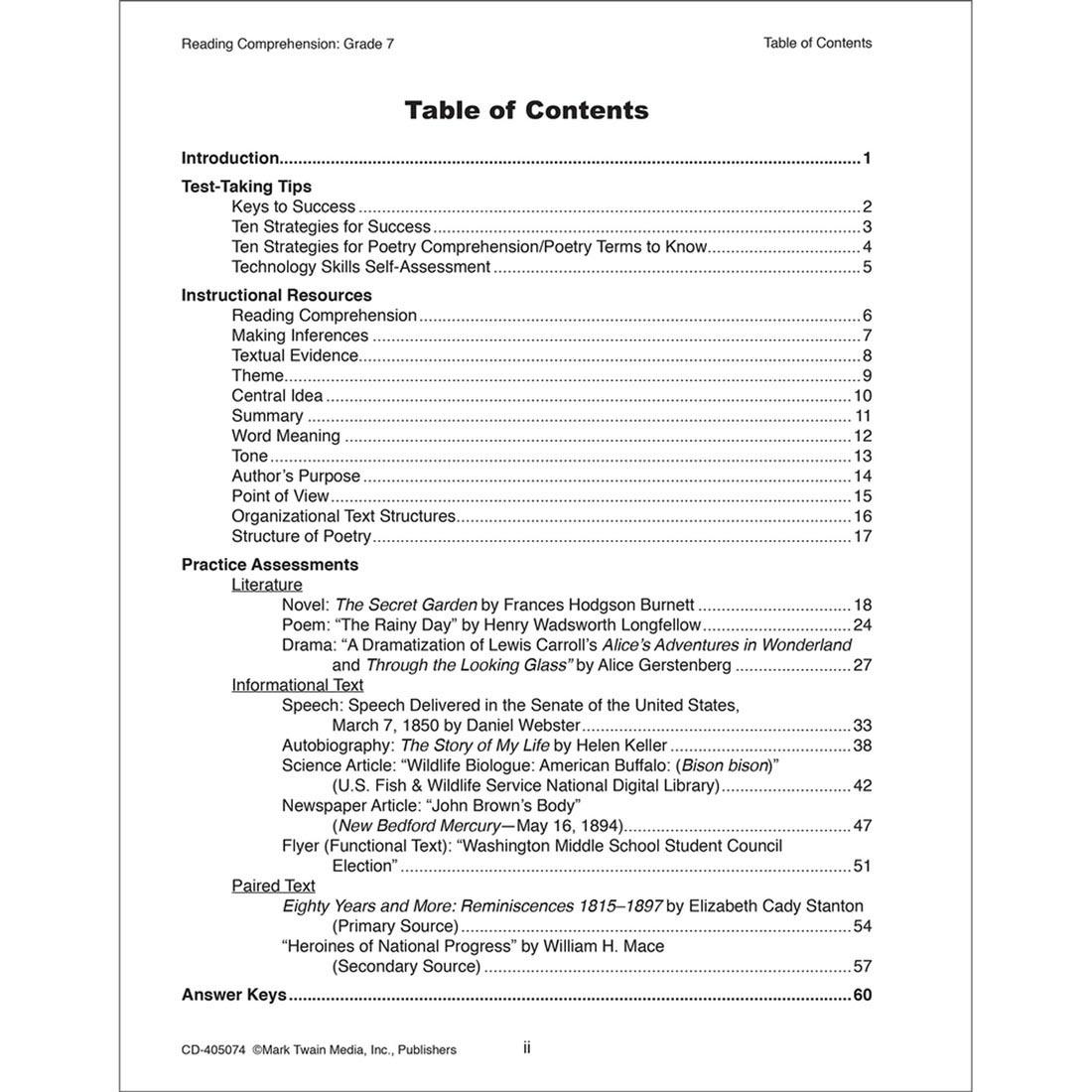 Table of contents from Reading Comprehension Grade 7