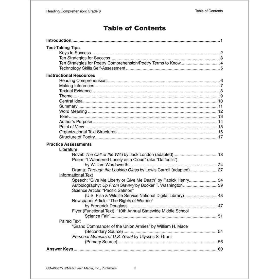 Table of contents from Reading Comprehension Grade 8