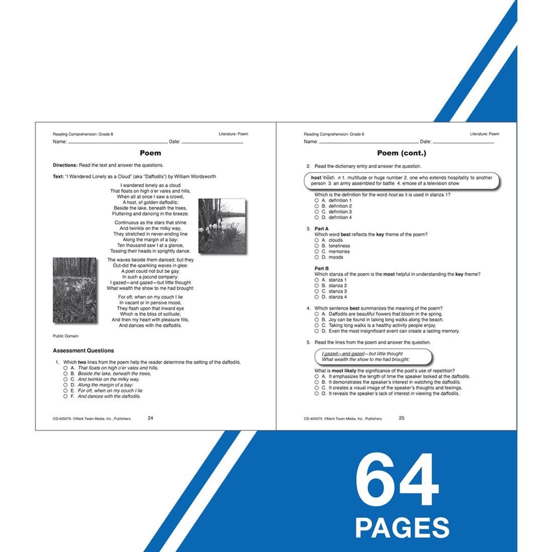 Sample pages from Reading Comprehension Grade 8