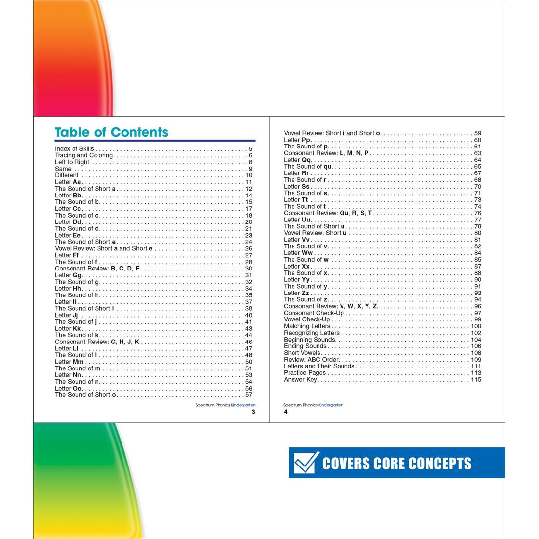 Table of contents for Spectrum Word Study And Phonics by Carson Dellosa Kindergarten