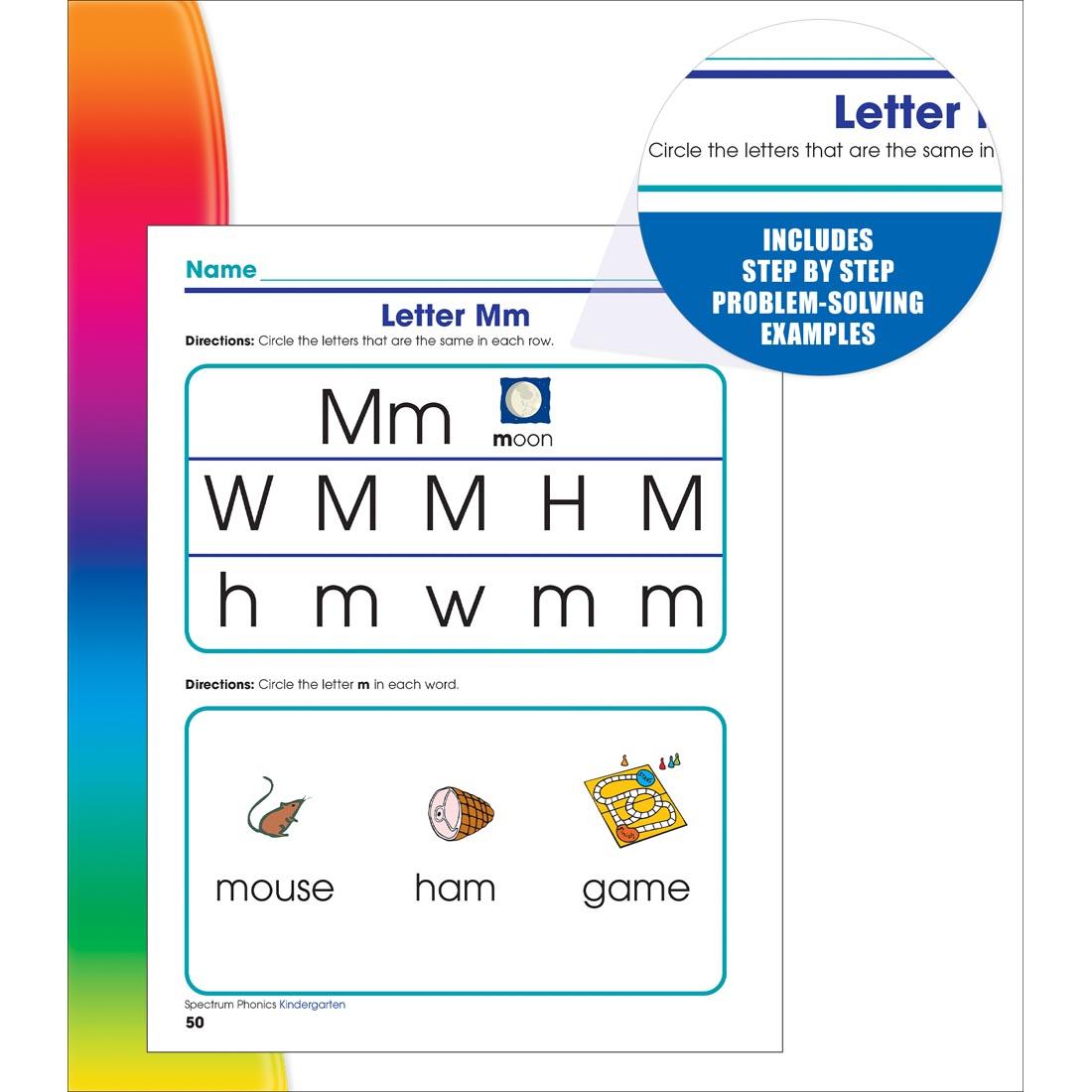 Sample page for the letter M from Spectrum Word Study And Phonics by Carson Dellosa Kindergarten