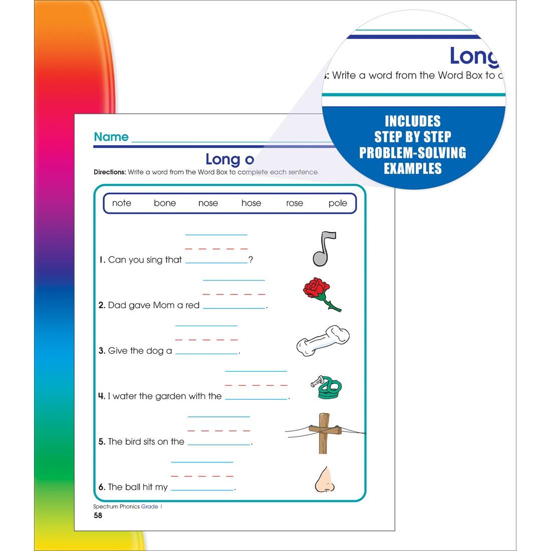 Sample page for the long O sound from Spectrum Word Study And Phonics by Carson Dellosa Grade 1