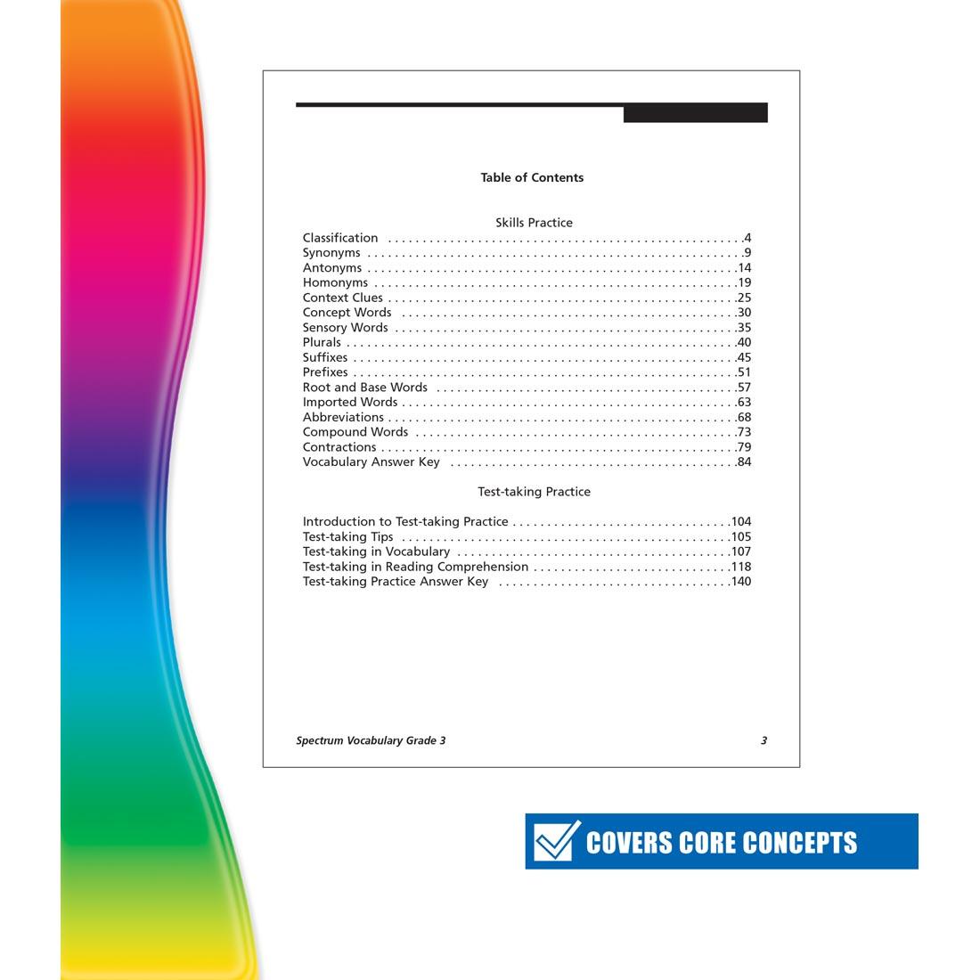 table of contents for Spectrum Vocabulary Book for Grade 3 plus text Covers Core Concepts