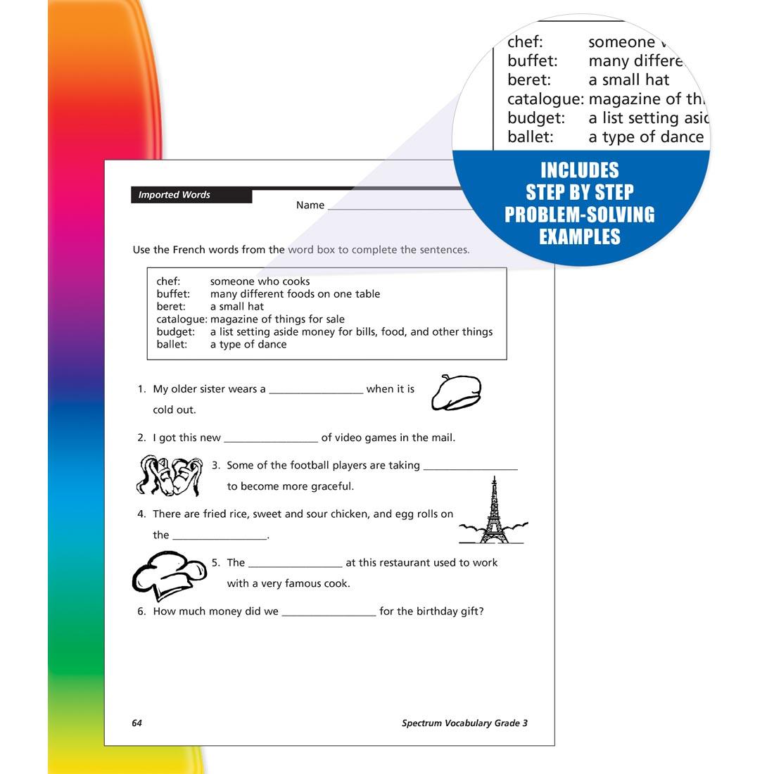 page from inside Spectrum Vocabulary Book for Grade 3 with inlay of text Includes step by step problem-solving examples