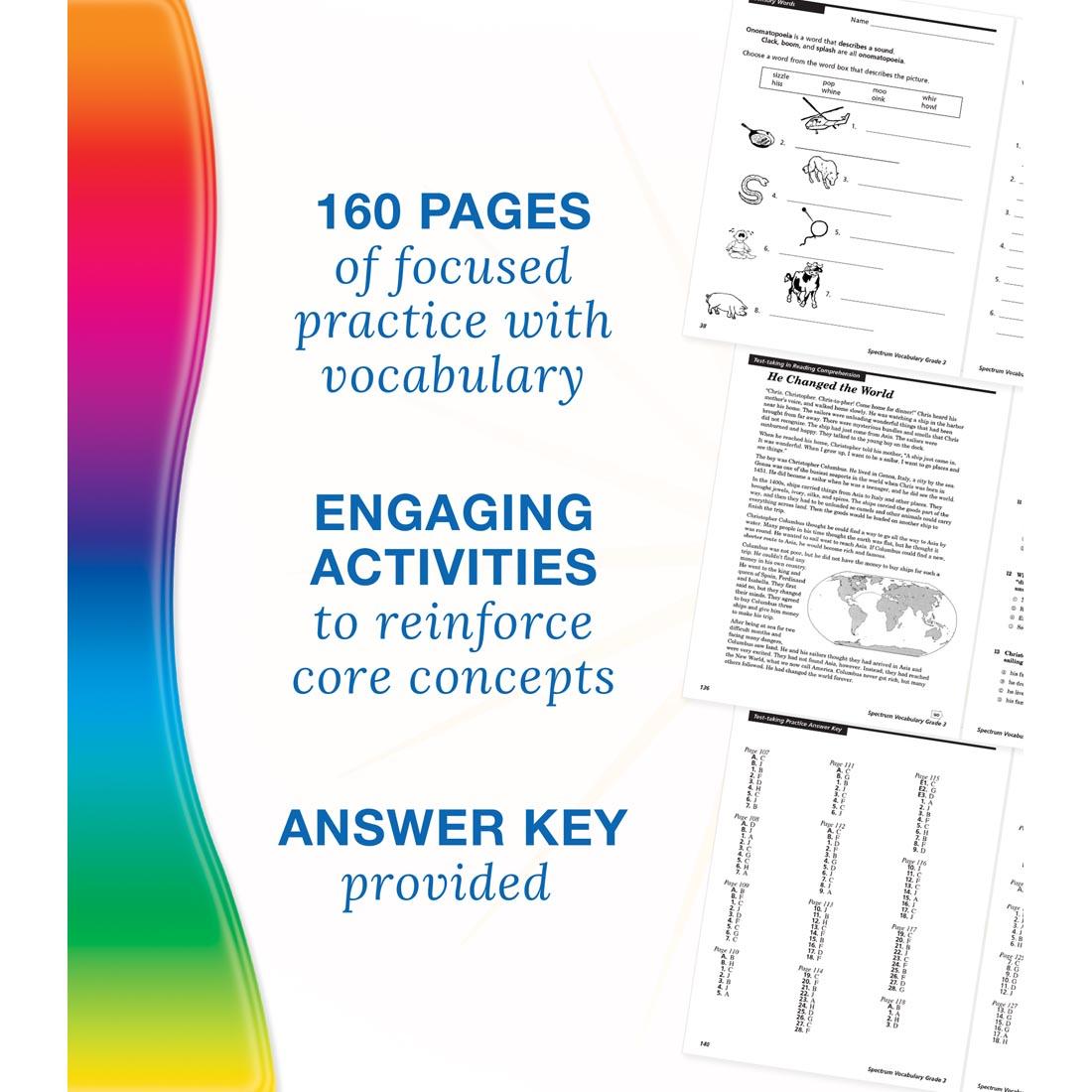 example pages from Spectrum Vocabulary Book for Grade 3 along with text about benefits and features of the book