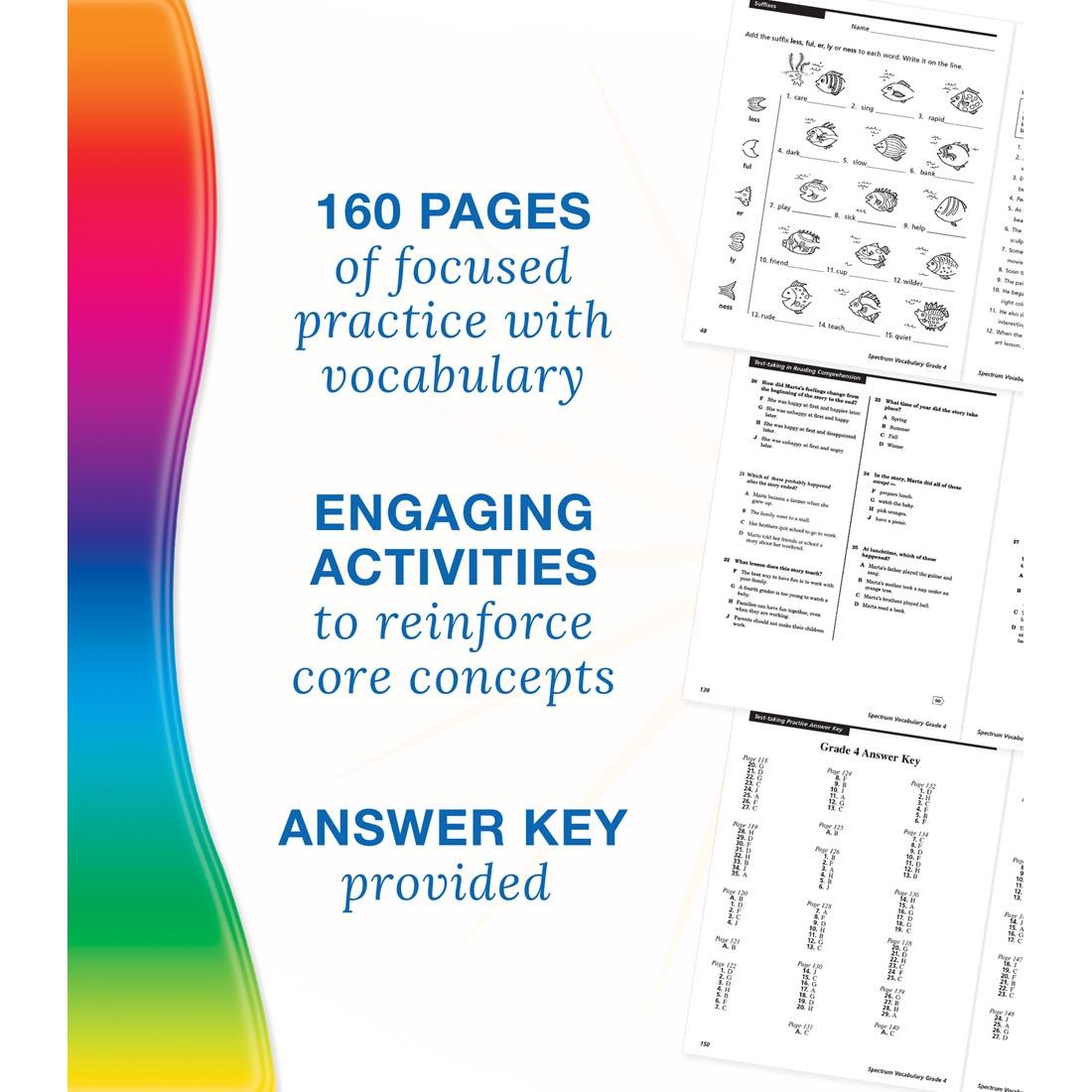 example pages from Spectrum Vocabulary Book for Grade 4 along with text about benefits and features of the book