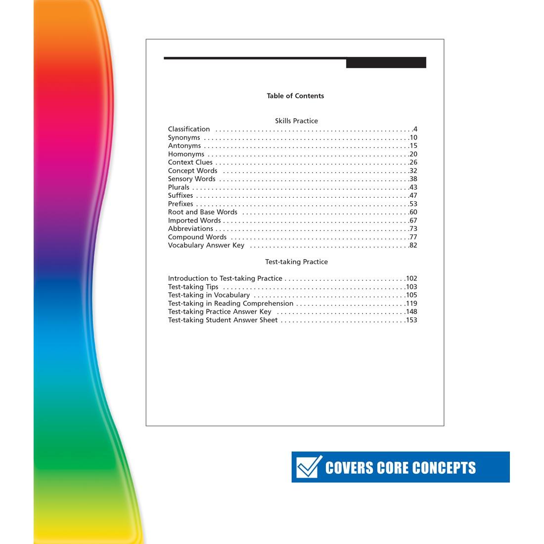 table of contents for Spectrum Vocabulary Book for Grade 5 with text Covers Core Concepts