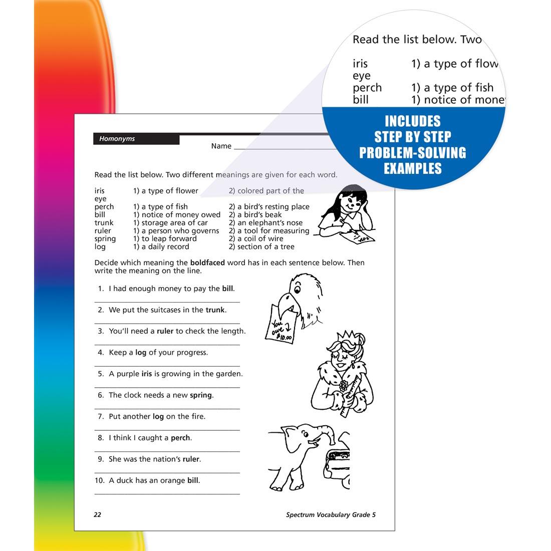 page from inside Spectrum Vocabulary Book for Grade 5 with inlay of text: Includes step by step problem-solving examples