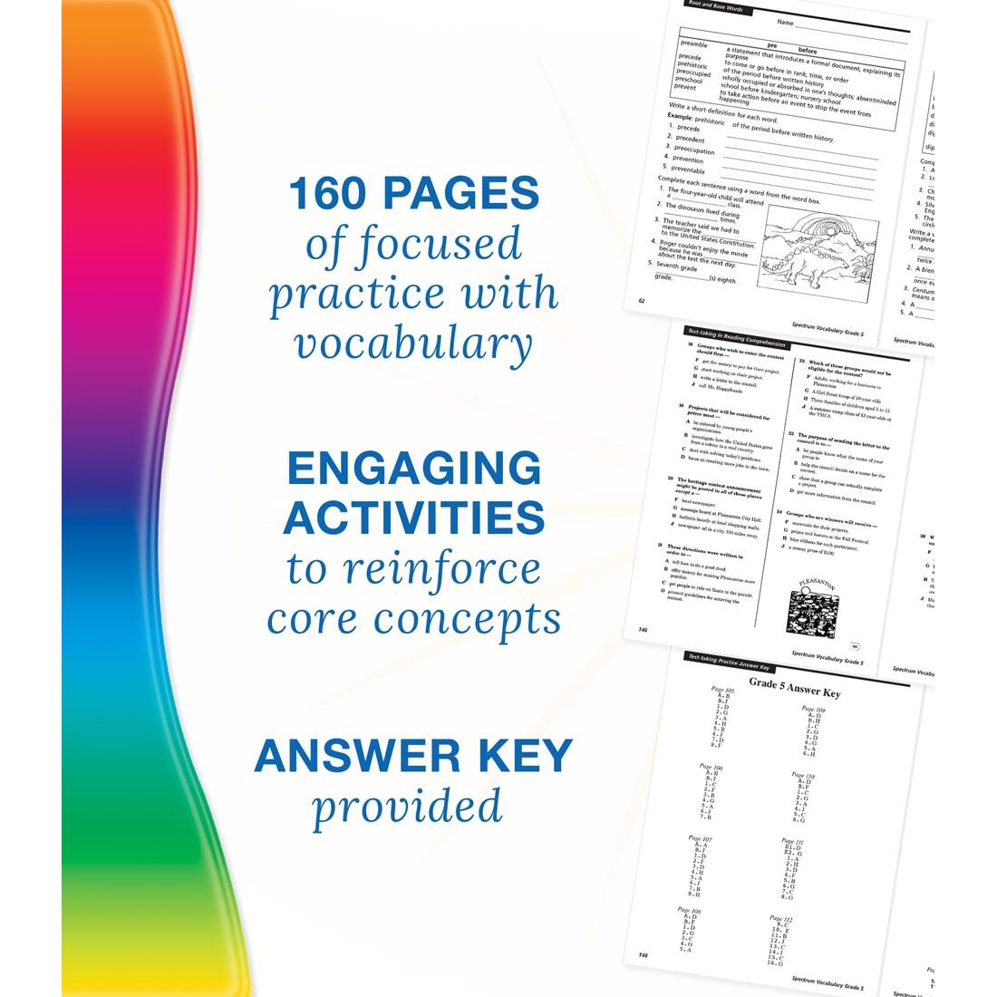 example pages from Spectrum Vocabulary Book for Grade 5 along with text about benefits and features of the book