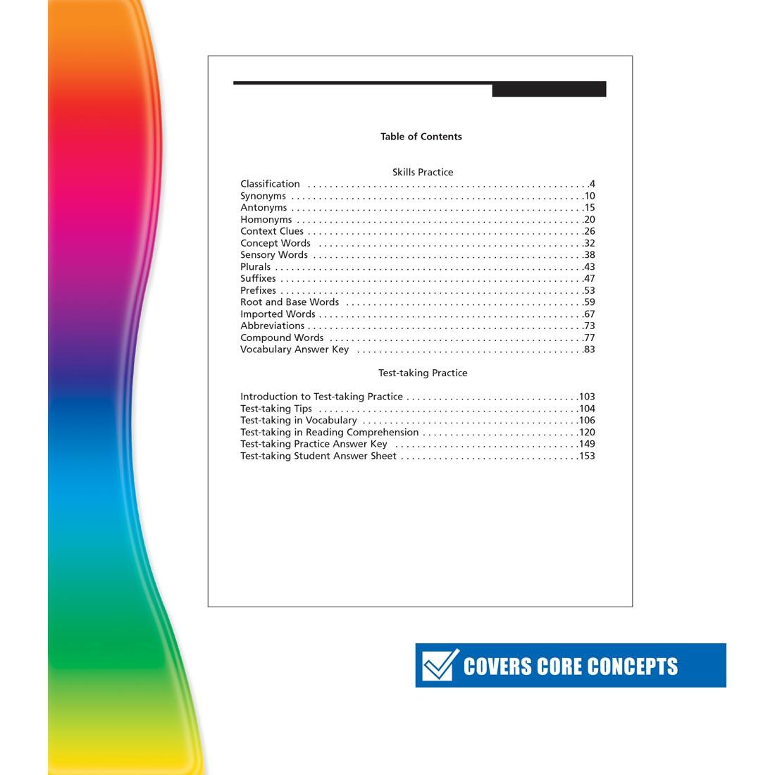 table of contents for Spectrum Vocabulary Book for Grade 6 with text Covers Core Concepts