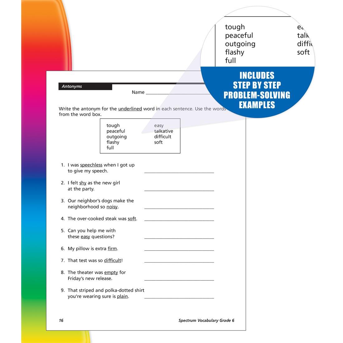 page from inside Spectrum Vocabulary Book for Grade 6 with inlay of text: Includes step by step problem-solving examples