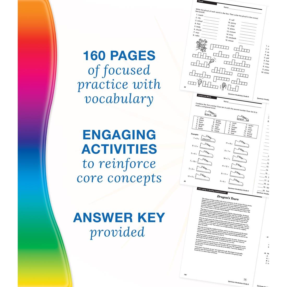 example pages from Spectrum Vocabulary Book for Grade 6 along with text about benefits and features of the book