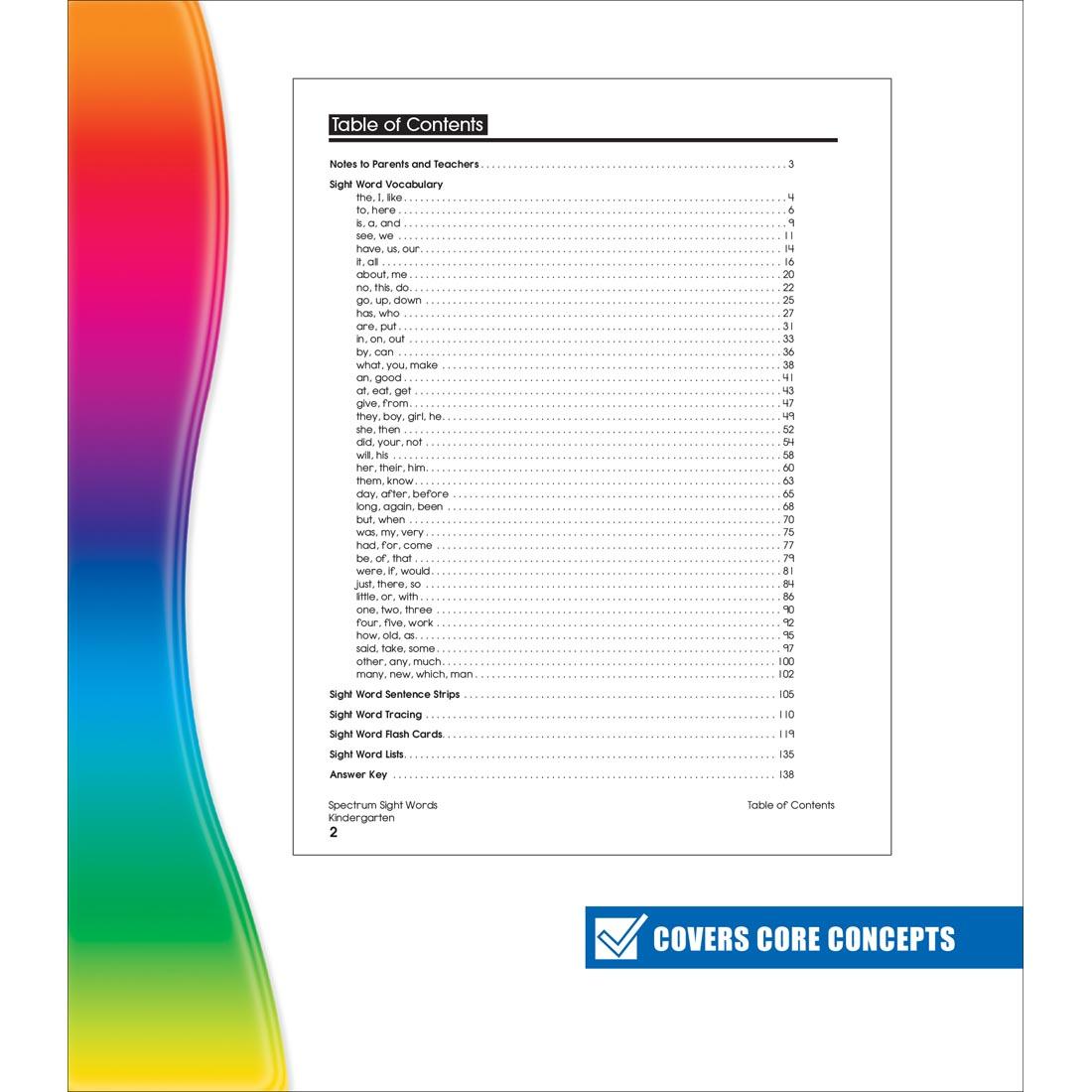 Table of contents for Spectrum Sight Words by Carson Dellosa Kindergarten