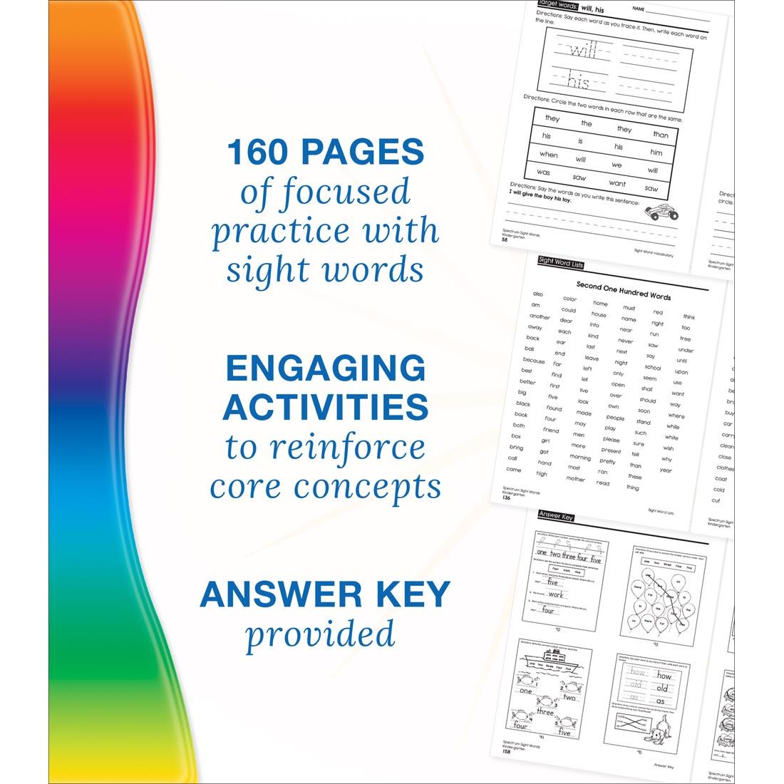 Features of Spectrum Sight Words by Carson Dellosa Kindergarten: 160 pages, engaging activities and answer key provided