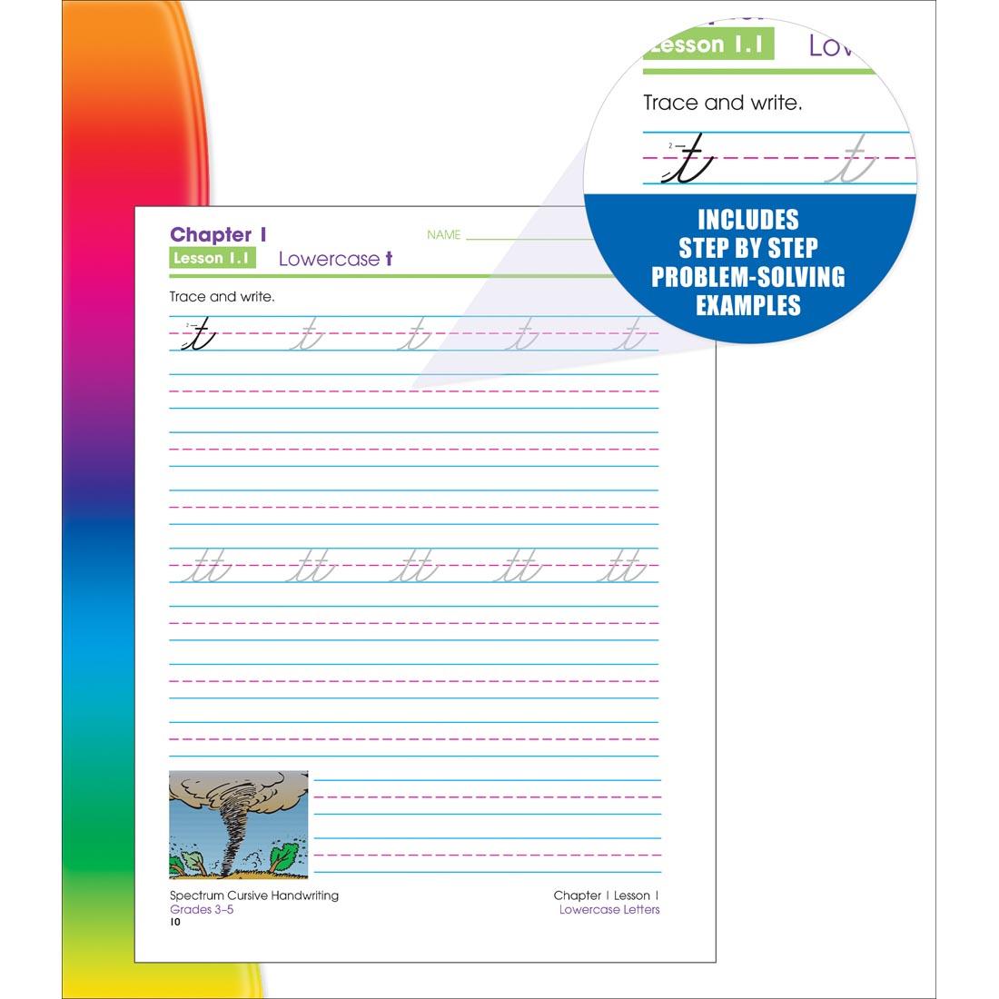 Sample page for lowercase letter T from Spectrum Cursive Handwriting by Carson Dellosa