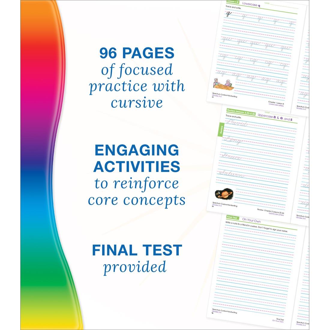 Features from Spectrum Cursive Handwriting by Carson Dellosa: 96 pages, engaging activities and final review provided