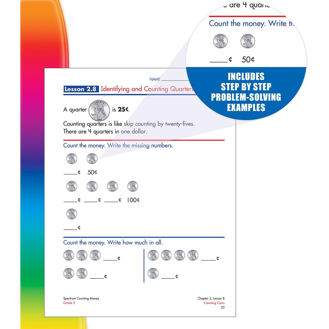 page from inside Spectrum Counting Money Book Grade 2 with inlay of text: Includes step by step problem-solving examples