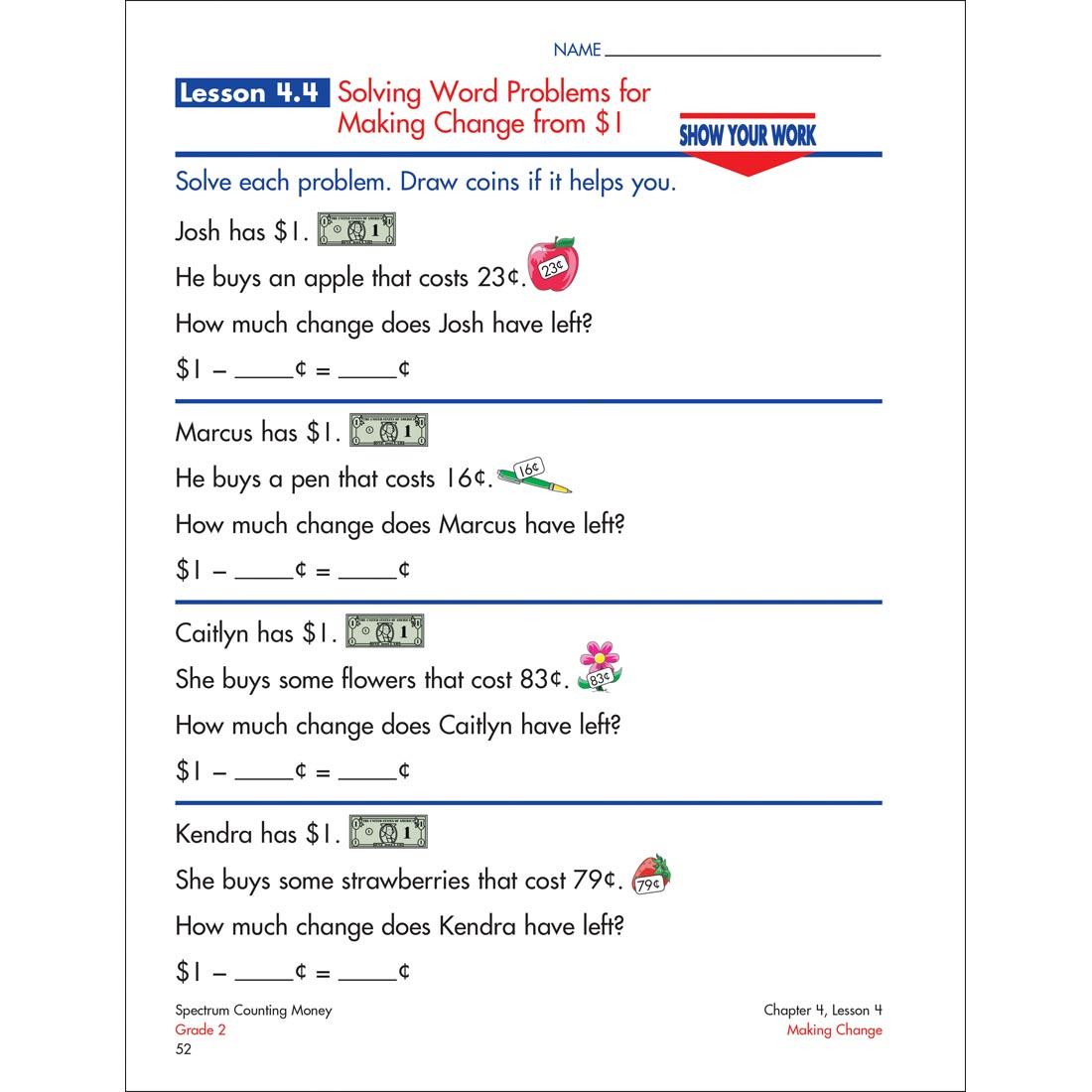 page from inside Spectrum Counting Money Book Grade 2