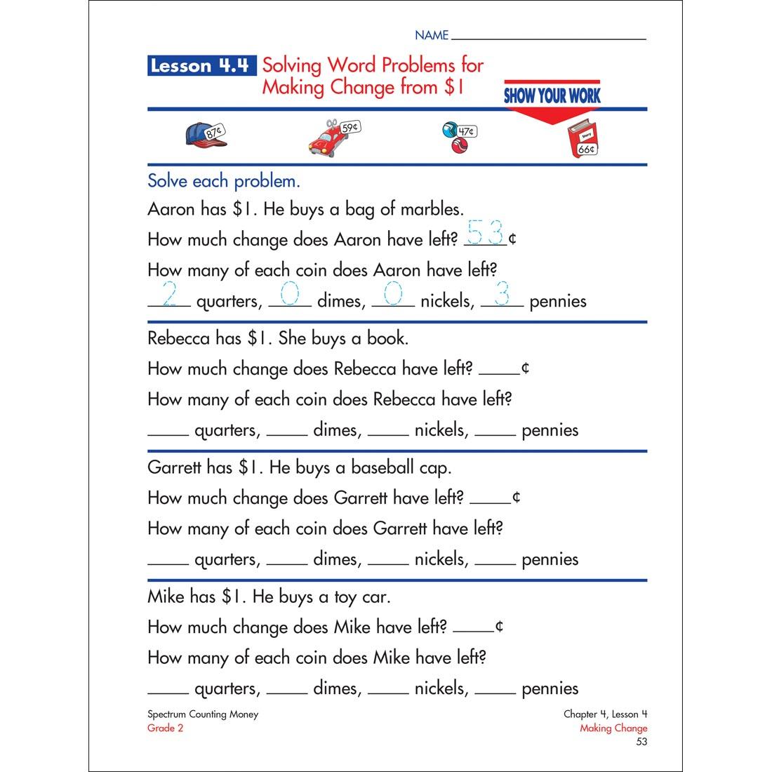 page from inside Spectrum Counting Money Book Grade 2