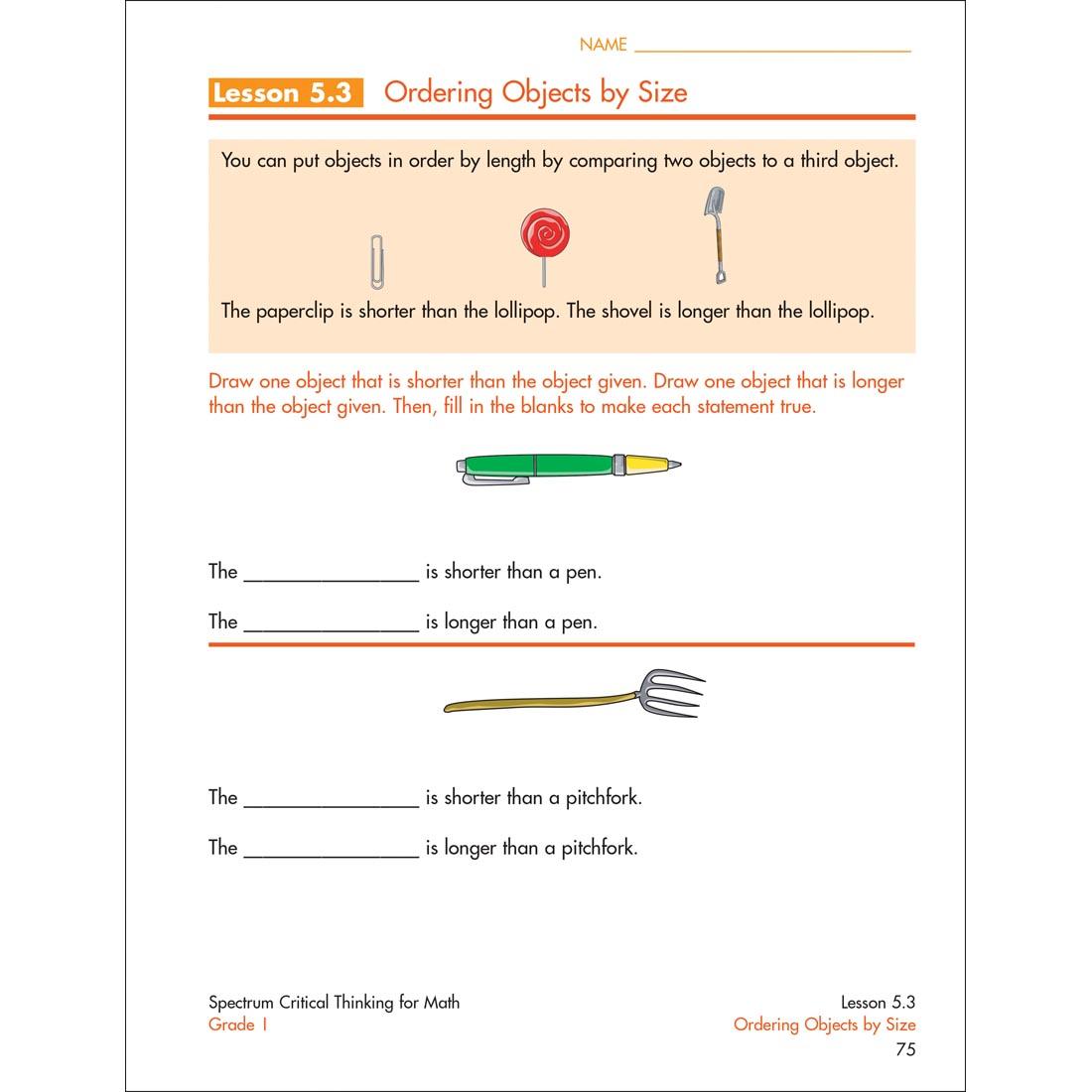 page from inside Spectrum Critical Thinking For Math Book Grade 1