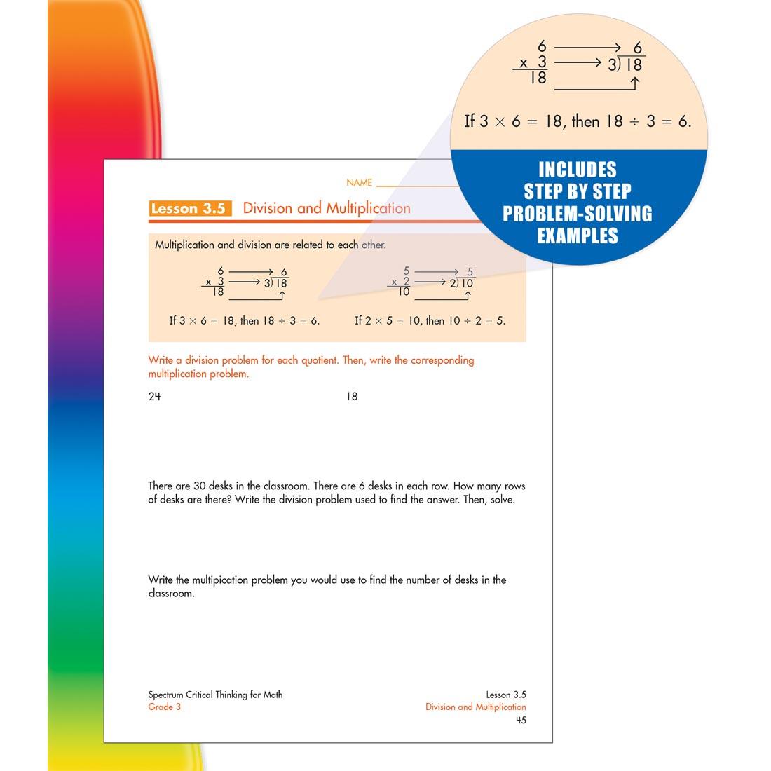 page from inside Spectrum Critical Thinking For Math Book Grade 3 with inlay of text: Includes step by step problem-solving examples