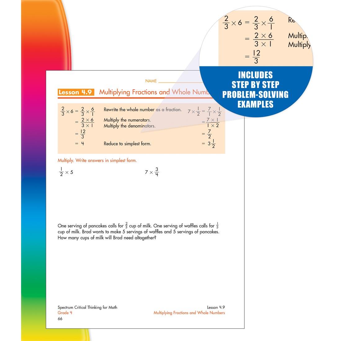 page from inside Spectrum Critical Thinking For Math Book Grade 4 with inlay of text: Includes step by step problem-solving examples