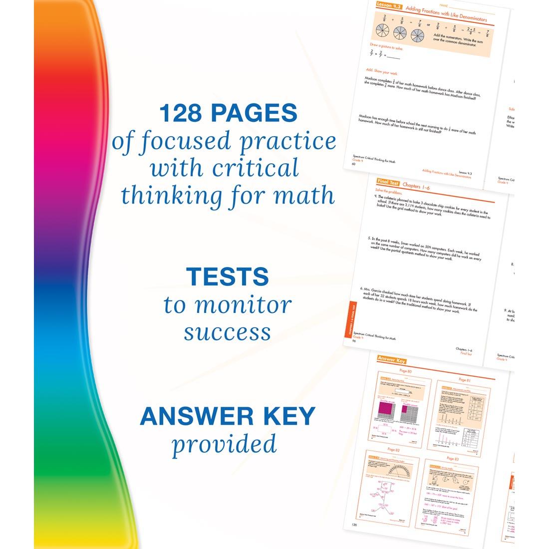 example pages from Spectrum Critical Thinking For Math Book Grade 4 along with text about benefits and features of the book