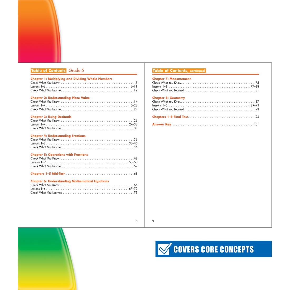 table of contents from Spectrum Critical Thinking For Math Book Grade 5 with text Covers Core Concepts