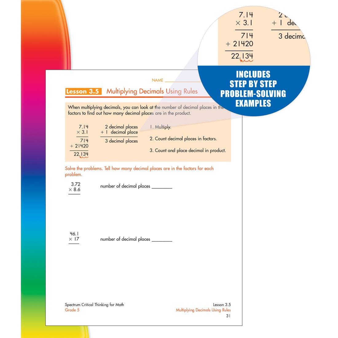 page from inside Spectrum Critical Thinking For Math Book Grade 5 with inlay of text: Includes step by step problem-solving examples