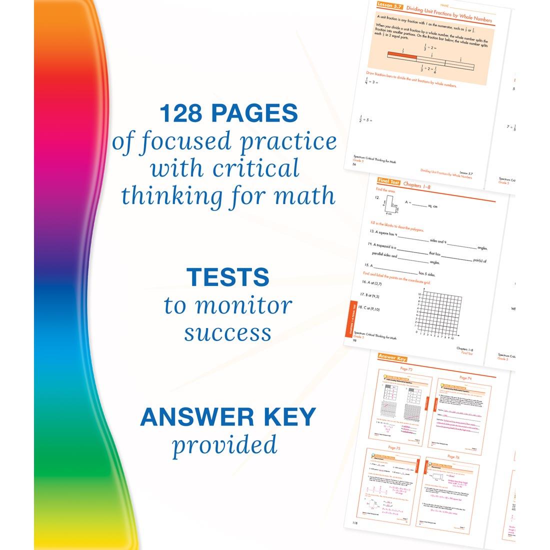 example pages from Spectrum Critical Thinking For Math Book Grade 5 along with text about benefits and features of the book