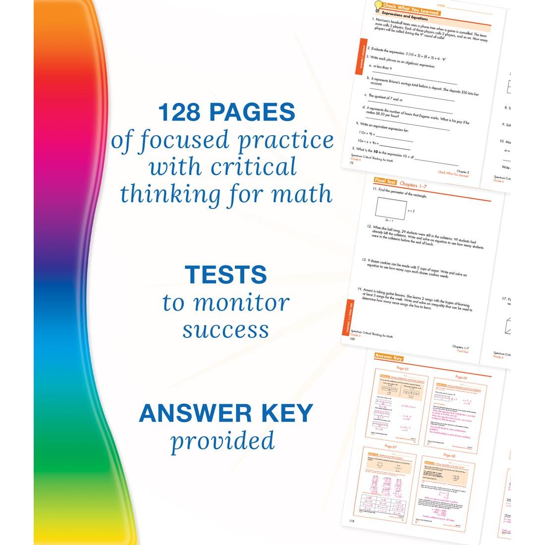 example pages from Spectrum Critical Thinking For Math Book Grade 6 along with text about benefits and features of the book